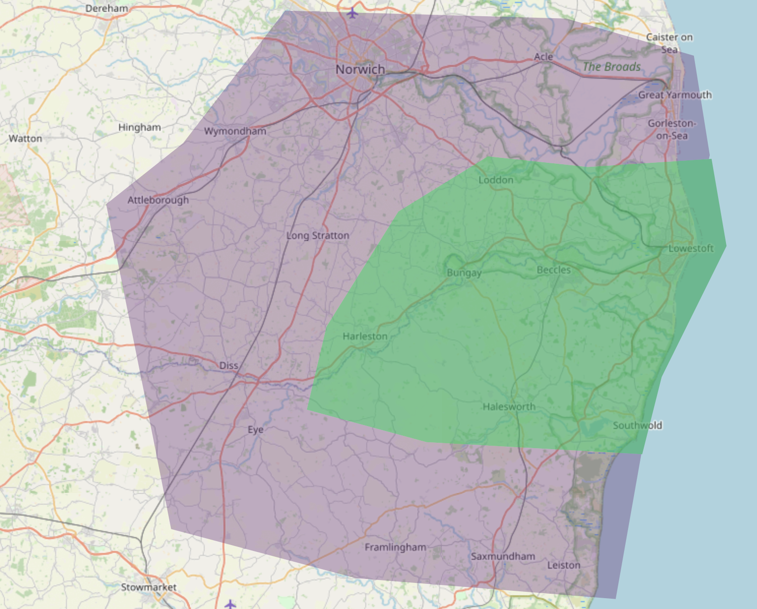 A map showing the areas I work in